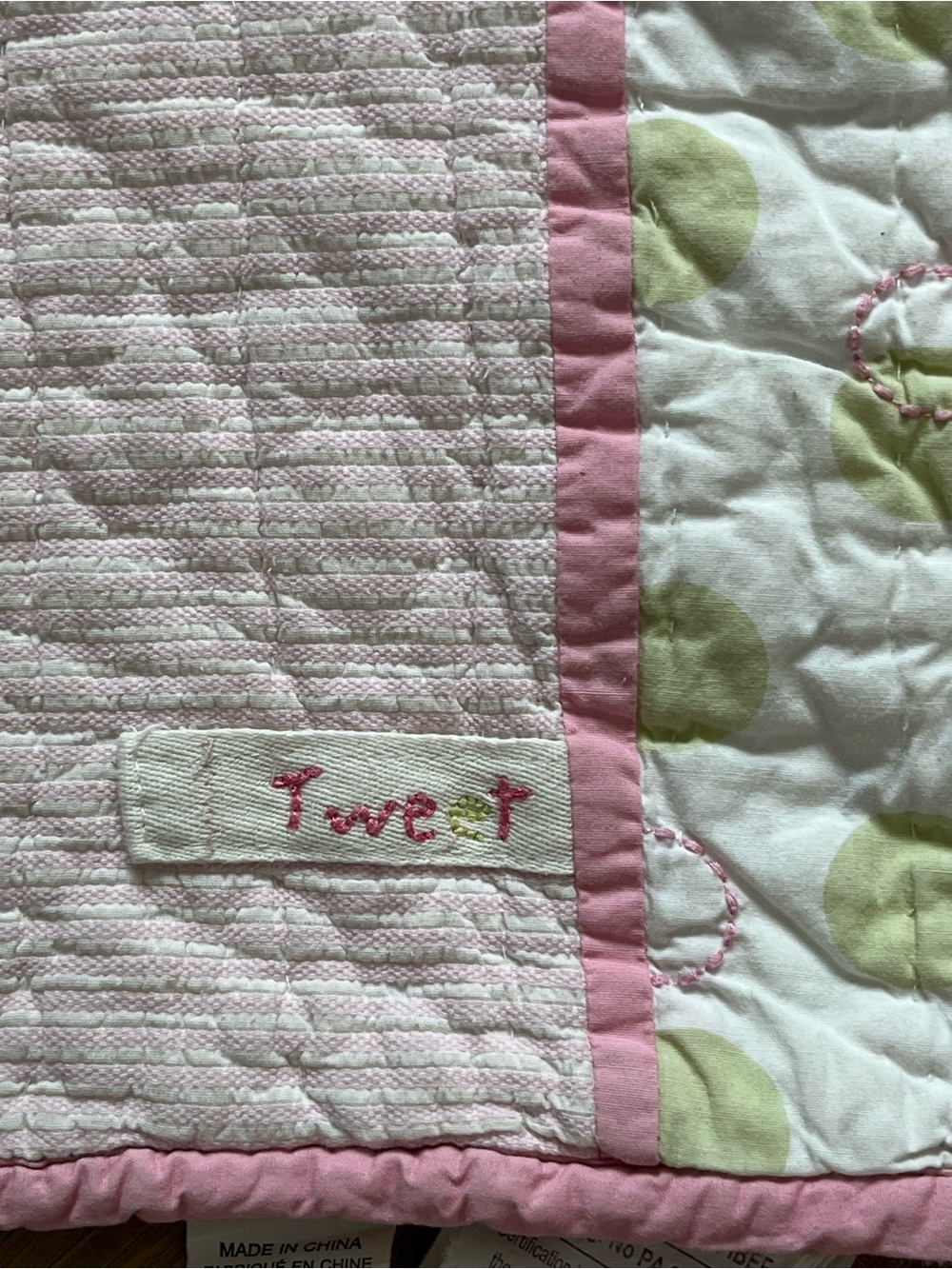 Pottery Barn Kids Tweet Bird Baby Quilt Pink Green 33" x 48" - Picture 9 of 12